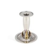 ARCHIBALD KNOX (1864-1933) FOR LIBERTY & CO, A RARE TUDRIC PEWTER AND BRASS CANDLESTICK