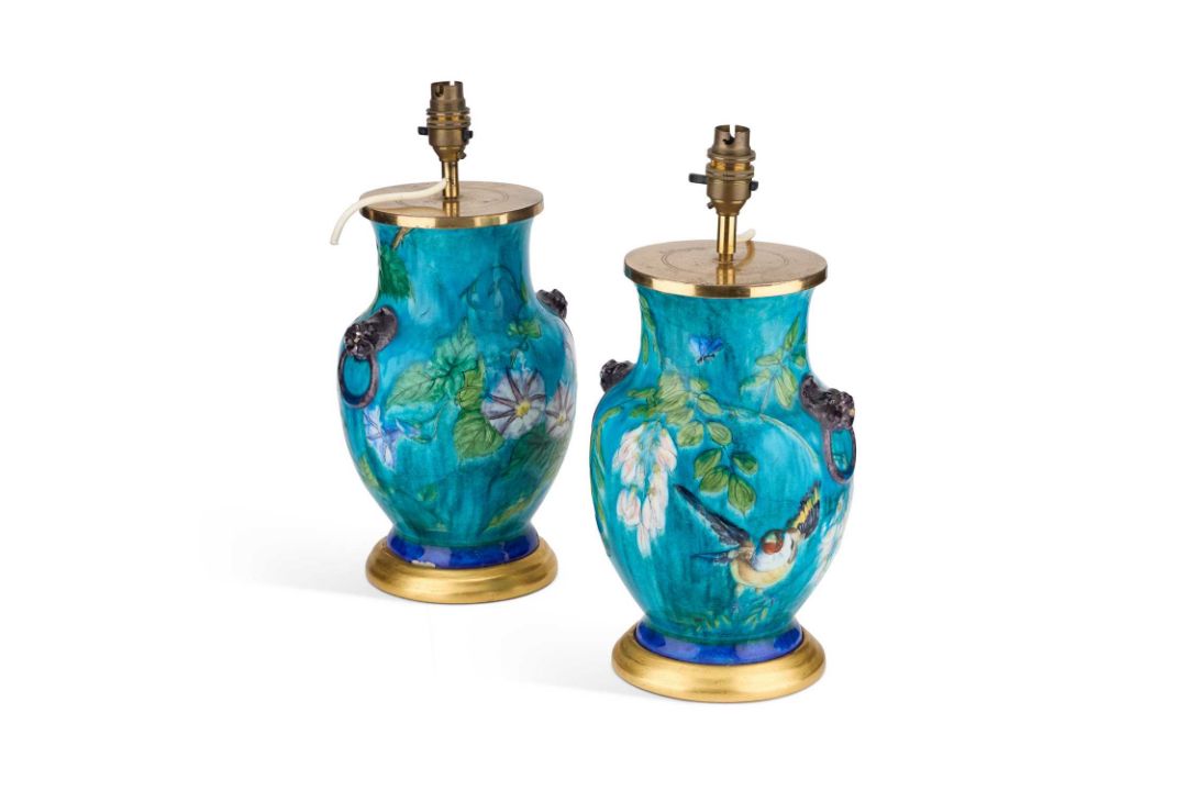IN THE MANNER OF THEODORE DECK A PAIR OF AESTHETIC POTTERY TABLE LAMPS