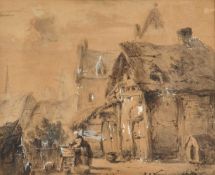 19TH CENTURY DUTCH SCHOOL FIGURE OUTSIDE A HOUSE