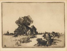 FRANK HENRY MASON (1876-1975) WETLANDS LANDSCAPE WITH WINDMILL