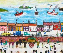 SIMEON STAFFORD (BORN 1956) COASTAL TOWN WITH FISHING BOATS BEYOND