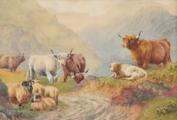 H. GILBERT (19TH CENTURY) HIGHLAND CATTLE AND SHEEP IN A LANDSCAPE