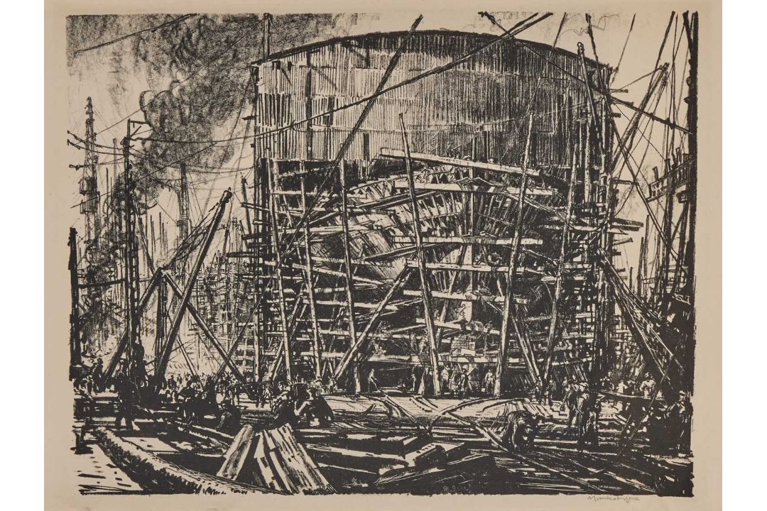 SIR MUIRHEAD BONE (1876-1953) SHIP BUILDING ON THE CLYDE, ON THE STOCKS