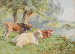 CHARLES COLLINS RA (1851-1921) COWS RESTING BY THE RIVER