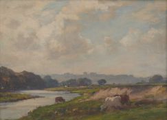 OWEN BOWEN (1873-1967) RIVER LANDSCAPE WITH CATTLE GRAZING