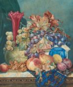 J.S (19TH CENTURY ENGLISH SCHOOL) STILL LIFE OF FRUIT ON A MARBLE LEDGE