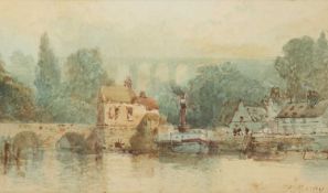 PAUL MARNEY (1834-1914) A RIVER SCENE WITH STONE BRIDGE AND STEAM PADDLE BOAT