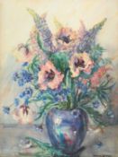 MARIOM BROOM (20TH CENTURY) STILL LIFE OF FLOWERS IN A BLUE GLASS VASE