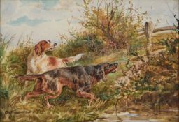 ARTHUR ALFRED DAVIS (1859-1913) SETTERS AND SPANIELS ON THE HUNT, A PAIR