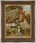 STYLE OF HELEN ALLINGHAM (20TH CENTURY) MOTHER AND CHILD OUTSIDE A THATCHED COTTAGE