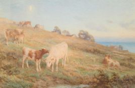 BASIL BRADLEY RWS (1842-1904) CATTLE AND HORSES ON A THE COAST, EVENING