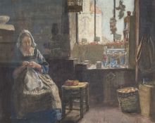 ERNEST PROCTOR (1886-1935) NEWLYN SCHOOL A DUTCH INTERIOR, WOMAN SEWING