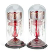 A LARGE PAIR OF 19TH CENTURY ENAMEL PAINTED RUBY GLASS TABLE LUSTRES