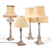 A GROUP OF FOUR COUNTRY HOUSE SILVER-PLATED CORINTHIAN COLUMN TABLE LAMPS