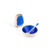 A MID-20TH CENTURY DANISH STERLING SILVER AND GUILLOCHÉ ENAMEL CRUET SET