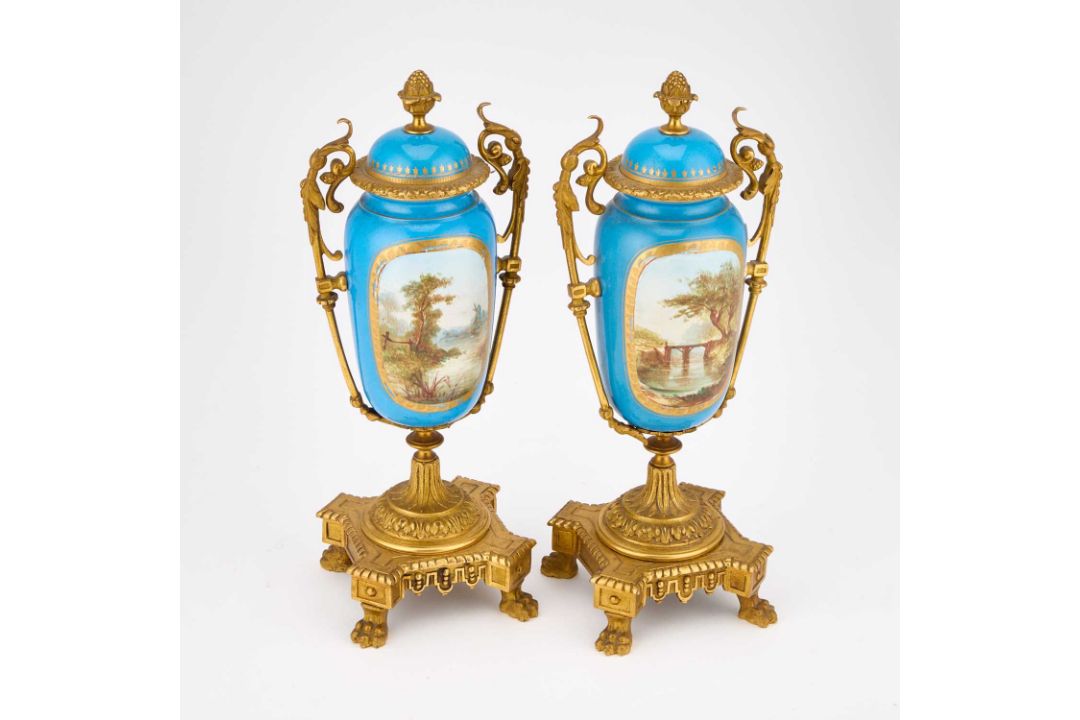A PAIR OF GILT-METAL MOUNTED SEVRES STYLE PORCELAIN URNS EACH STAMPED MASSELOTTE, LATE 19TH CENTURY - Image 2 of 2