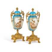 A PAIR OF GILT-METAL MOUNTED SEVRES STYLE PORCELAIN URNS EACH STAMPED MASSELOTTE, LATE 19TH CENTURY