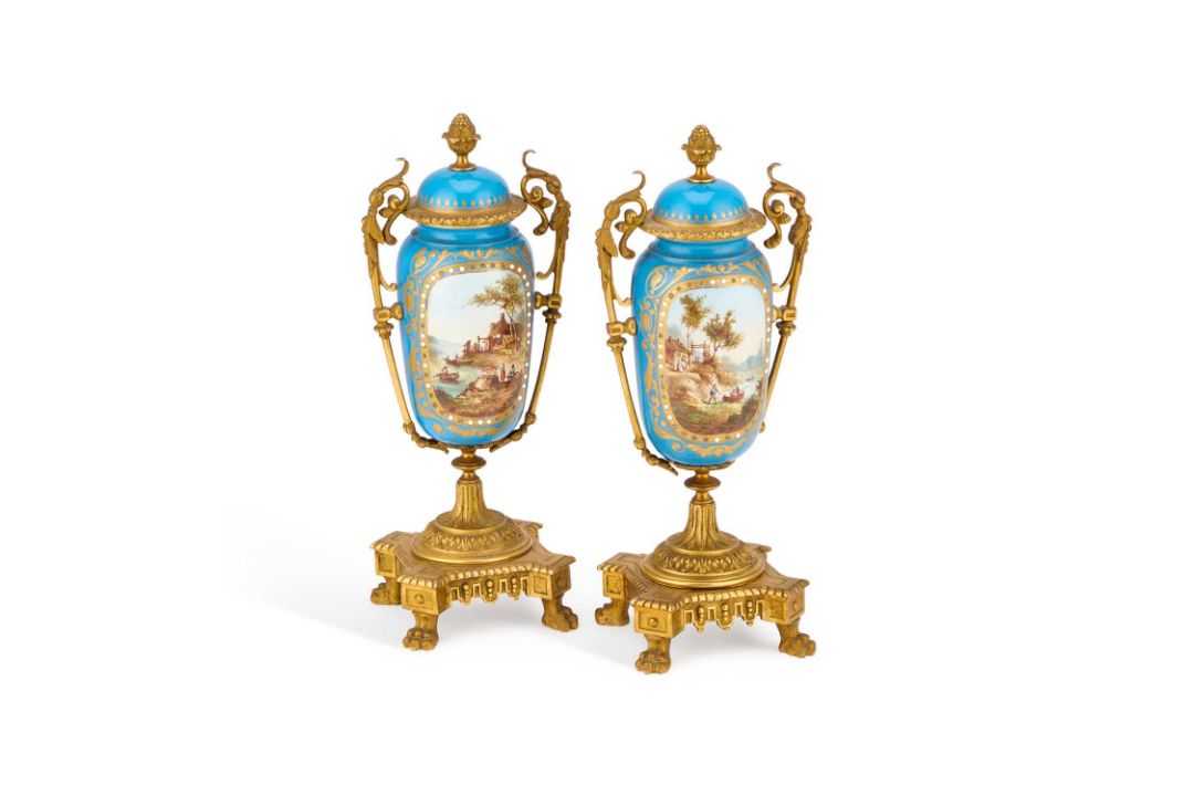 A PAIR OF GILT-METAL MOUNTED SEVRES STYLE PORCELAIN URNS EACH STAMPED MASSELOTTE, LATE 19TH CENTURY - Image 1 of 2