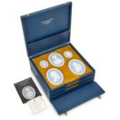 A LIMITED EDITION BOXED SET OF FOURTEEN WEDGWOOD JASPER PORTRAIT MEDALLIONS 1973