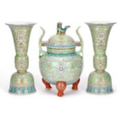 A CHINESE FAMILLE ROSE PORCELAIN ALTAR GARNITURE CIRCA 1870