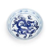 A CHINESE BLUE AND WHITE PORCELAIN 'DRAGON' SAUCER DISH