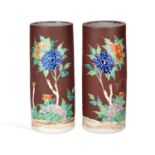 A PAIR OF JAPANESE EARTHENWARE CYLINDRICAL VASES EARLY 20TH CENTURY