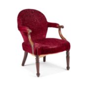 A WILLIAM IV MAHOGANY AND UPHOLSTERED SPOON-BACK ARMCHAIR