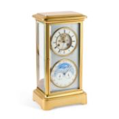A LARGE LATE 19TH CENTURY FRENCH BRASS AND FOUR-GLASS MANTEL CLOCK WITH CALENDAR AND MOONPHASE
