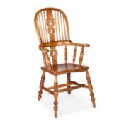 A 20TH CENTURY BURR ELM AND OAK WINDSOR ARMCHAIR