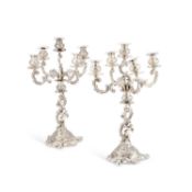 A LARGE PAIR OF 19TH CENTURY GERMAN SILVER FIVE-LIGHT CANDELABRA
