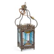 AN EDWARDIAN BRASS, LEADED AND STAINED GLASS HALL LANTERN
