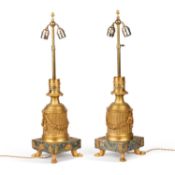 A LARGE PAIR OF LOUIS XVI STYLE ORMOLU AND GREEN MARBLE TABLE LAMPS SIGNED GAGNEAU
