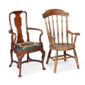 A VICTORIAN BEECH AND ELM OPEN ARMCHAIR