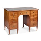 AN EDWARDIAN LEATHER-INSET AND INLAID MAHOGANY DESK