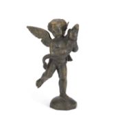 A 19TH CENTURY CONTINENTAL SCHOOL BRONZE FOUNTAIN MODEL OF A CHERUB HOLDING A DOLPHIN