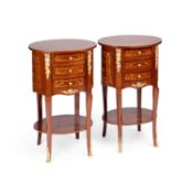 A PAIR OF FRENCH FLORAL MARQUETRY BEDSIDE TABLES