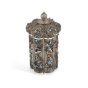 A CHINESE SILVER, FILIGREE AND ENAMEL TEA CADDY