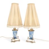 A PAIR OF SILVER-PLATE MOUNTED WEDGWOOD BLUE JASPER TABLE LAMPS