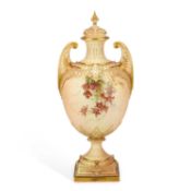 A LARGE ROYAL WORCESTER BLUSH IVORY TWO-HANDLED VASE AND COVER MONOGRAM FOR EDWARD RABY