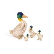 A GRADUATED SET OF FOUR SILVER AND ENAMEL MODELS OF MALLARD DUCKS