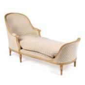A LOUIS XVI STYLE PAINTED, GILDED AND UPHOLSTERED DUCHESSE BRISEE