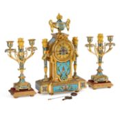 A FINE 19TH CENTURY FRENCH CHAMPLEVÉ ENAMEL CLOCK GARNITURE SIGNED PROSPER ROUSSEL, PARIS