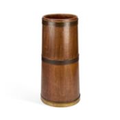 AN EARLY 20TH CENTURY BRASS-BOUND COOPERED OAK STICKSTAND