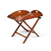 A BRASS-MOUNTED MAHOGANY BUTLERS TRAY ON STAND