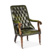 A REGENCY STYLE BUTTONED-BACKED GREEN LEATHER LIBRARY CHAIR