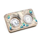 AN ART NOUVEAU SILVER AND ENAMEL CLOCK AND BAROMETER HOLDER