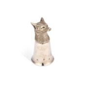 AN ELIZABETH II SILVER FOX HEAD STIRRUP CUP