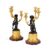 A PAIR OF BRONZE, ORMOLU AND MARBLE FIGURAL THREE-LIGHT CANDELABRA AFTER CLODION, 19TH CENTURY