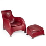 GERARD VAN DEN BERG FOR MONTIS A RED LEATHER UPHOLSTERED ARMCHAIR AND FOOTSTOOL