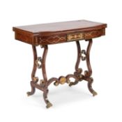 A REGENCY IRISH BRASS-INLAID ROSEWOOD FOLDOVER CARD TABLE